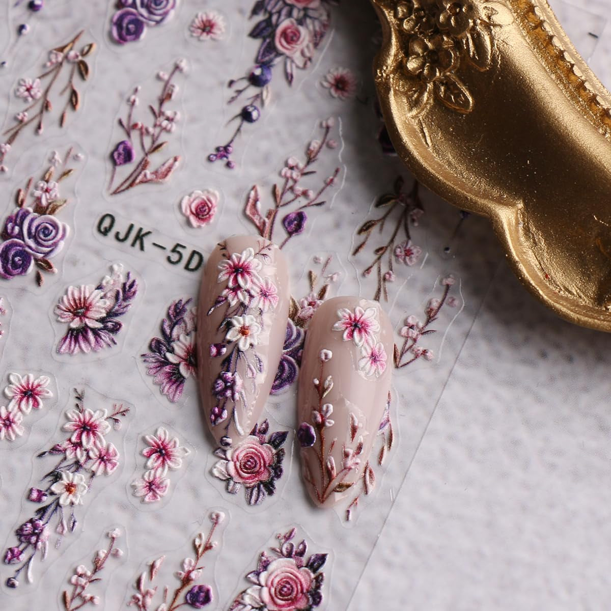 JMEOWIO 3D Nagelsticker Blumen Nail Art Sticker Selbstklebend Nagelaufkleber 5D Stereoscopico Frühling Sommer Dekoration Nageldesign Zubehör 4 Blatt