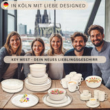 SÄNGER Key West | Set di stoviglie in gres Set di piatti piani da 24 pezzi per 6 6 piatti piani Ciotole per cereali Piatti da dessert Ciotole per pasta Stoviglie per panna con texture sabbia | LA COLLEZIONE DI VALORE