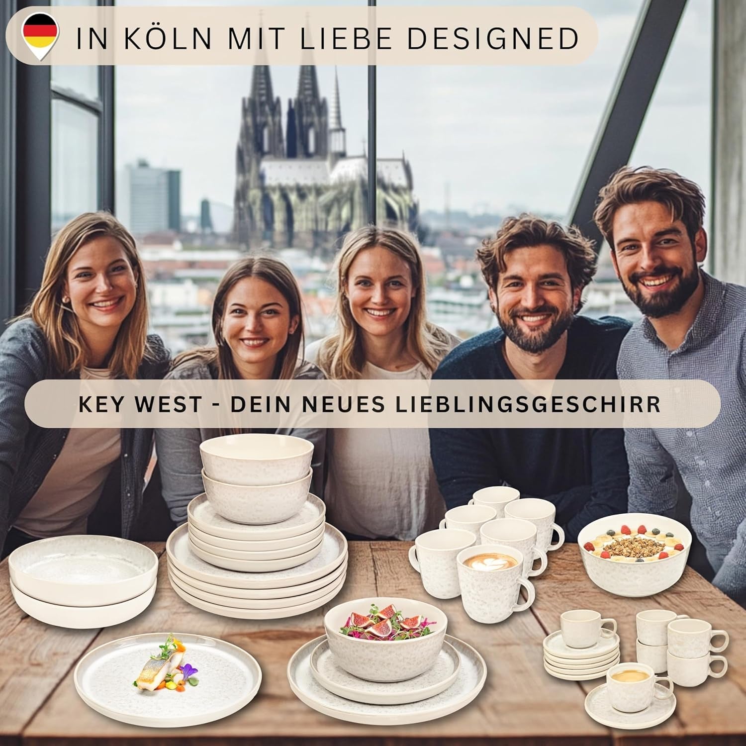 SÄNGER Key West | Set di stoviglie in gres Set di piatti piani da 24 pezzi per 6 6 piatti piani Ciotole per cereali Piatti da dessert Ciotole per pasta Stoviglie per panna con texture sabbia | LA COLLEZIONE DI VALORE