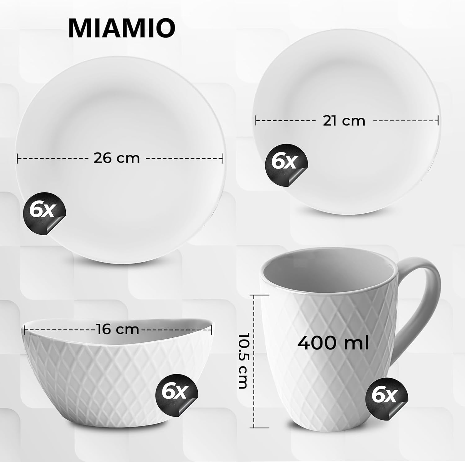 MIAMIO - Servizio Piatti in Ceramica, 24 Pezzi, Servizio Combinato per 6 - Utilizzabile in Lavastoviglie e Microonde - Collezione Palmanova (Bianco)