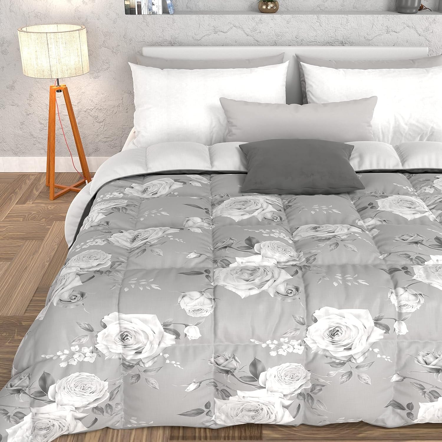 PETTI Artigiani Italiani - Trapunta invernale, Trapunta invernale, Trapunta semplice, Double face, Stampa monocolore e digitale, Microfibra anallergica 100%, Made in Italy Trapunte e trapunte Naty Shop Flowers 21 Grigio 160 X 190 Cm