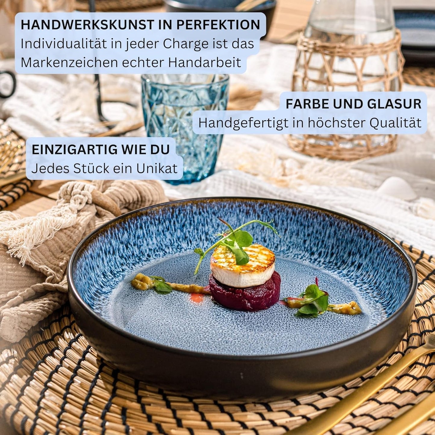 SÄNGER Aruba | Servizio Piatti in Gres per 6, 6 Piatti Piani, 6 Piatti Colazione, 6 Piatti Piani, 6 Ciotole Pasta, Blu con Bordo Nero | LA COLLEZIONE DI VALORE