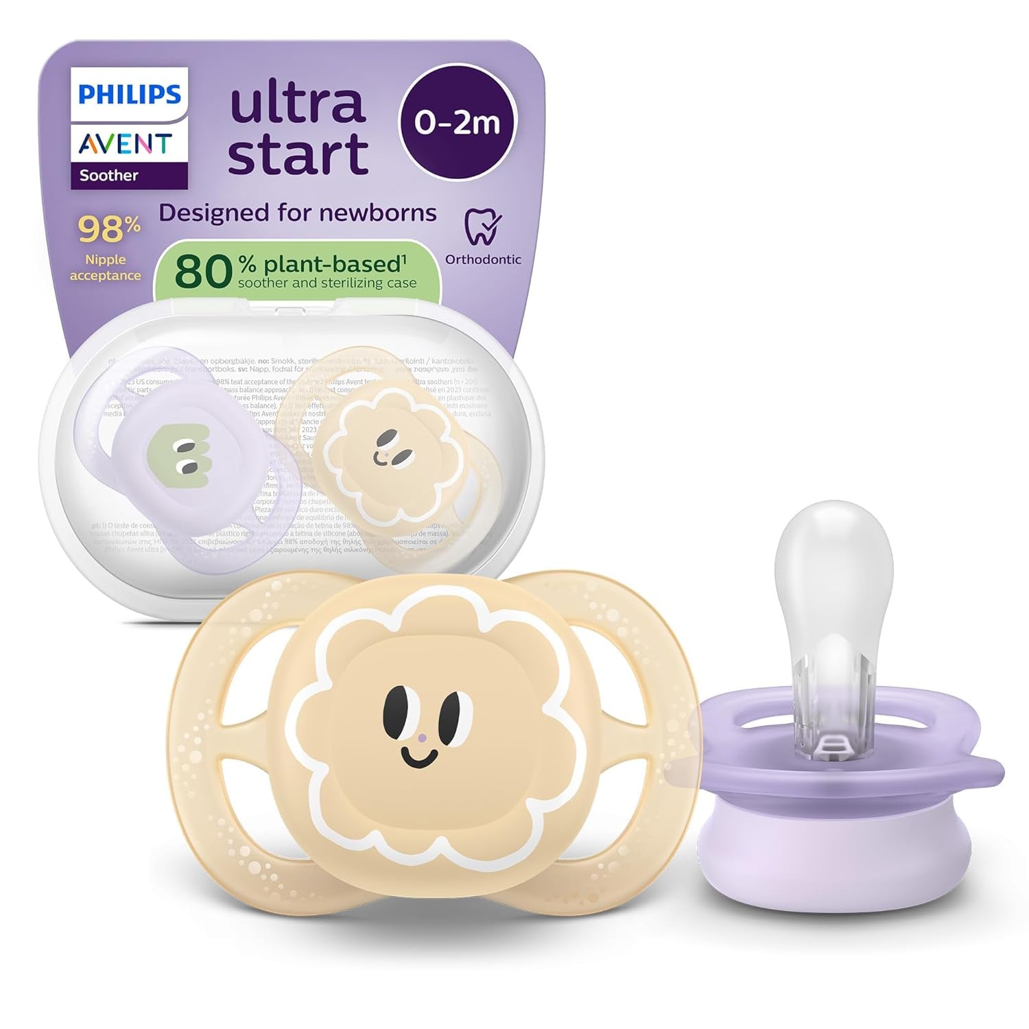 Philips AVENT Ciuccio Ultra Start Night, Ciuccio ortodontico per neonati, Si illumina al buio, Senza BPA, con contenitore per sterilizzazione, Confezione doppia, Luna, Stella, SCF075/07
