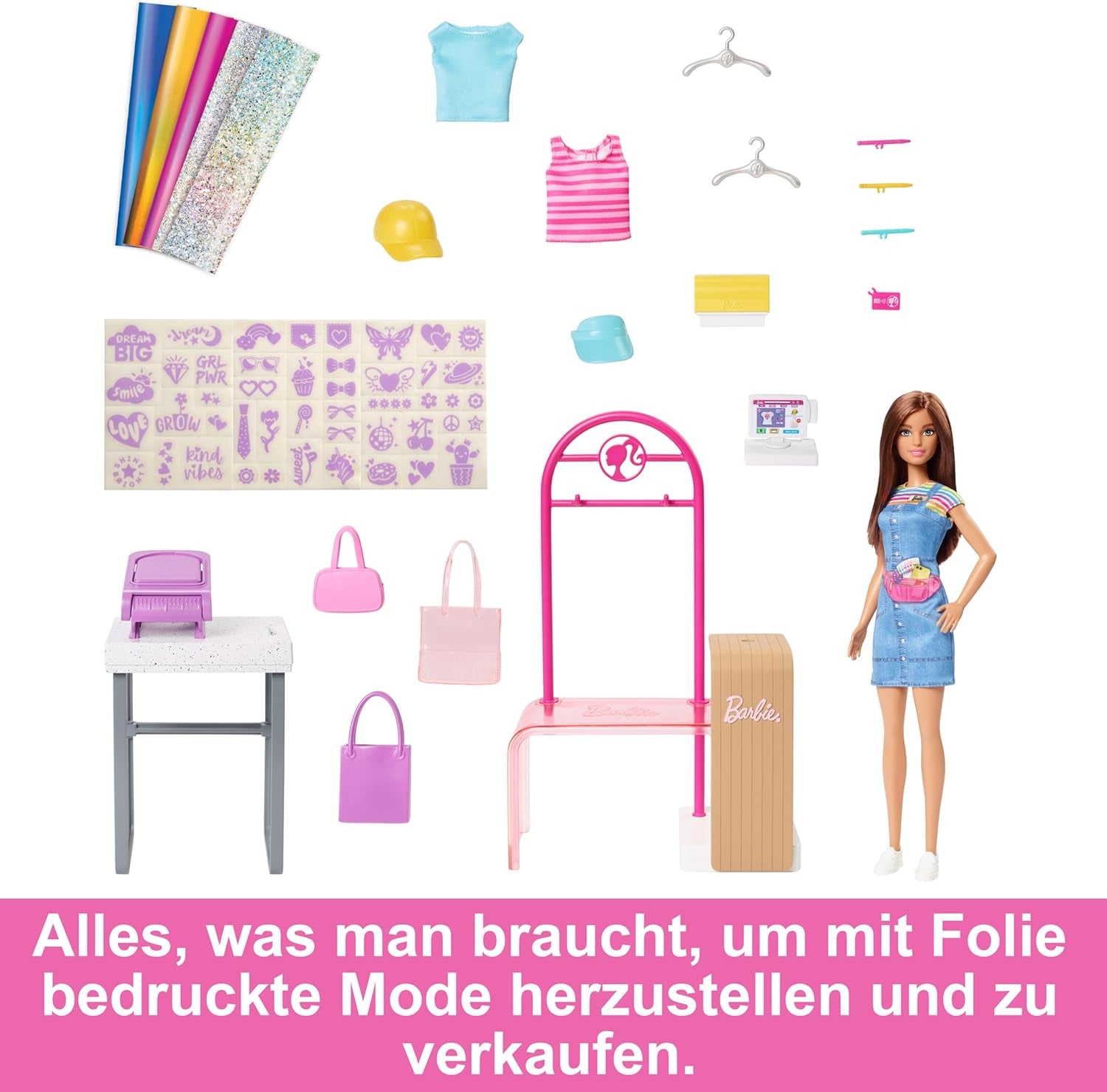 Barbie Fashion Boutique Playset - Bambola con motivi in ​​lamina, oltre 150 look originali, include 2 camicette e 5 fogli di lamina, appendiabiti e lettore di carte di credito, dai 3 anni in su, HKT78