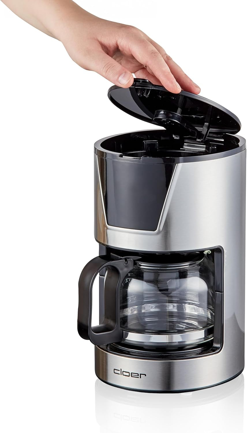 Macchina per caffè espresso con filtro Cloer da 6 tazze, funzione di mantenimento in caldo delicato, caraffa in vetro, misurino, indicatore del livello dell'acqua, sistema antigoccia, spegnimento automatico, dimensione filtro 1x2, 550 W, acciaio inossidabile
