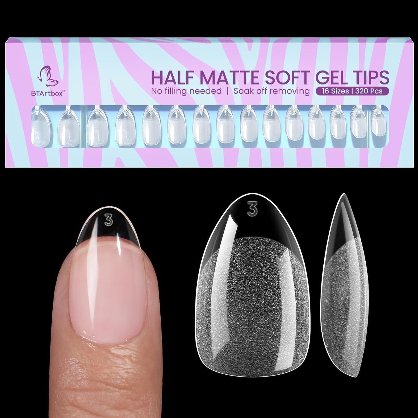 Btartbox Punte per unghie a mandorla extra corte - Gel a copertura totale X Punte per unghie in gel morbide XS - Semi-opache preformate per salone per unghie larghe 320 pezzi