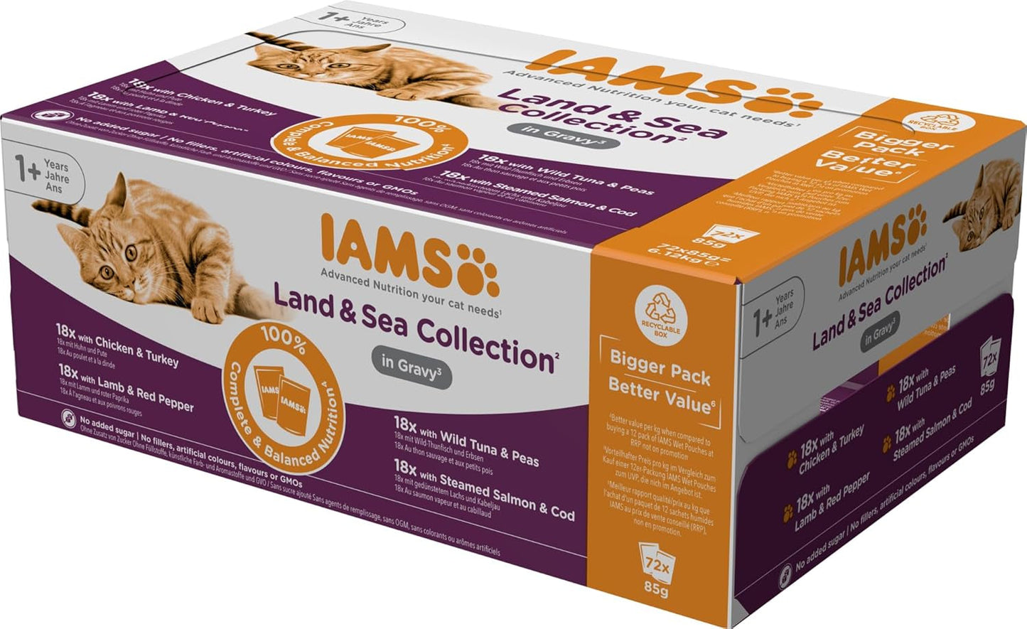 IAMS Delights Collezione Land & Sea Cibo umido per gatti - Assortimento di carne e pesce Multipack in salsa, Cibo umido per gatti da 1 anno, 72 x 85 g