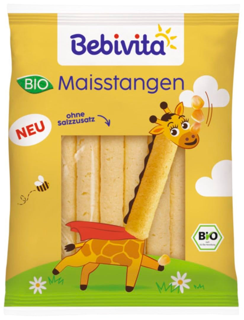 Bastoncini di mais biologico (9 x 40g), senza sale aggiunto, senza zuccheri aggiunti, senza glutine, ideali per spuntini e da asporto