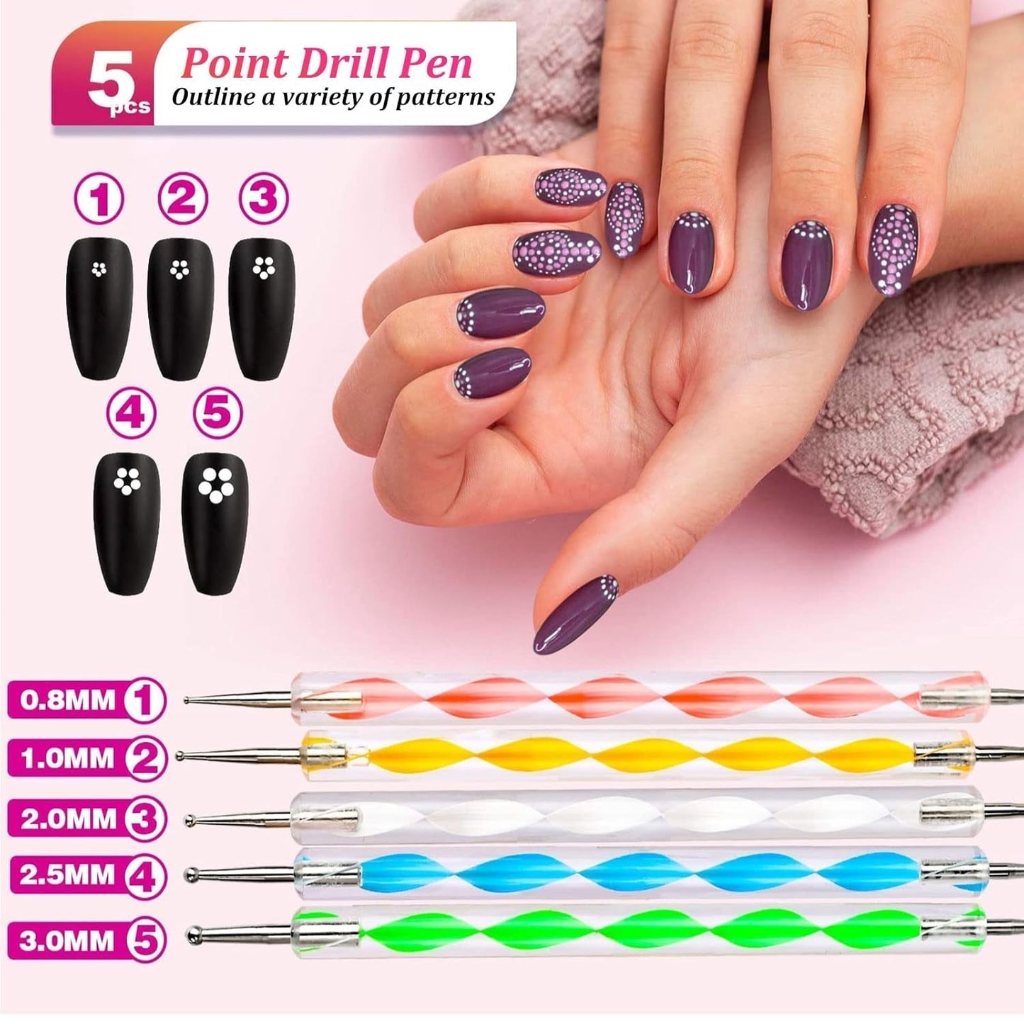 Set di spilli e decorazioni per nail art, Set di accessori per decorazione nail art, 15 pezzi di pinsel, 5 adesivi in ​​rilievo, 5 penne a punti, strasssteine ​​​​Nägel, ultra-colori paillette di gel per unghie artistiche