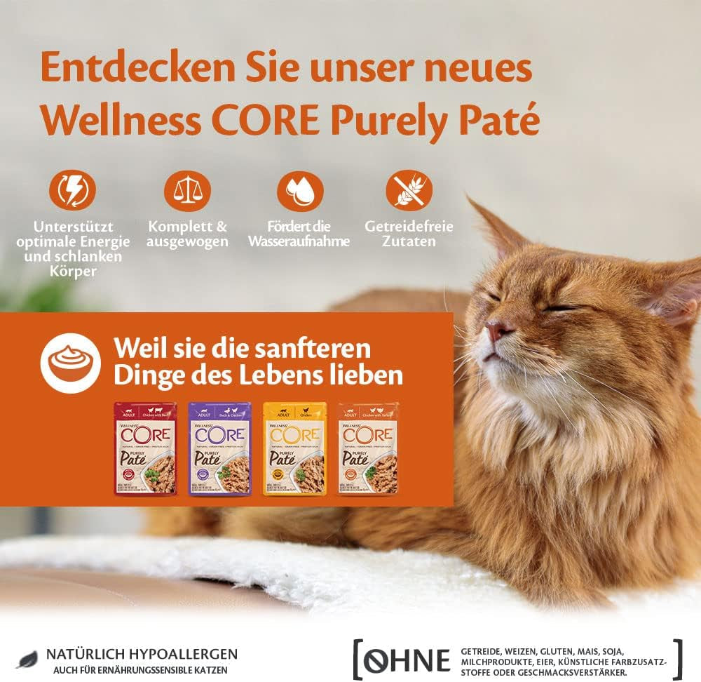 Wellness CORE Purely Paté 24 x 85g, Pollo e Tacchino - Alimento umido per gatti, patè fine, senza cereali, naturale, ipoallergenico, ricco di proteine, ricco di carne