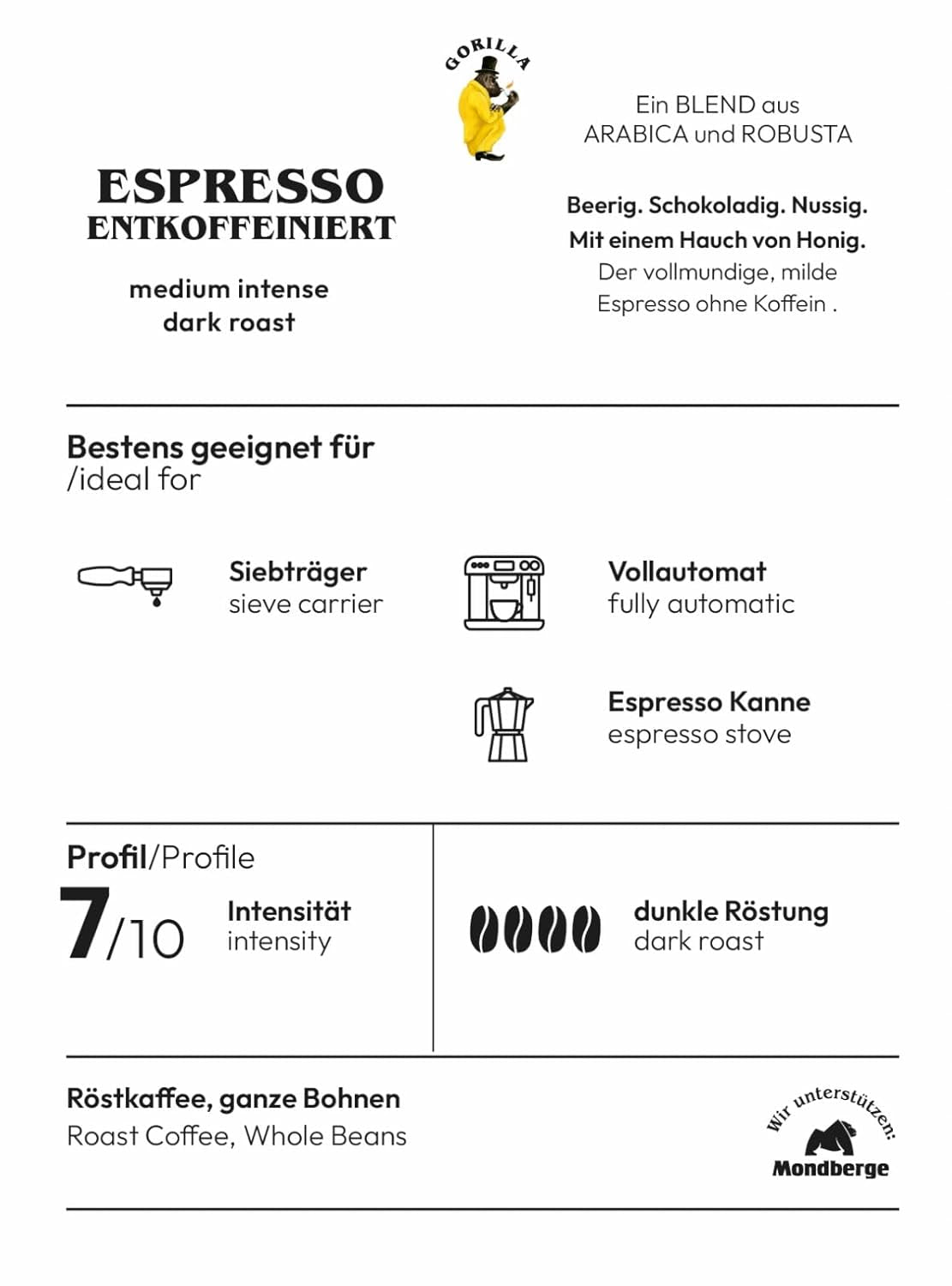 Espresso GORILLA 1000g decaffeinato, in grani interi