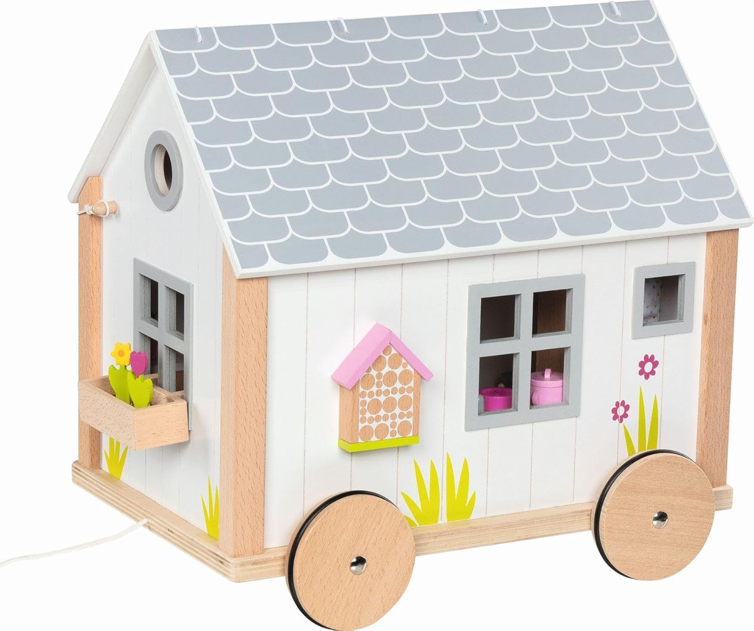 Goki 51477 - Piccola casa Hygge in legno e tessuto per mini bambole, casa delle bambole mobile in stile scandinavo, 38 cm x 27 cm x 33 cm, set da 40, dai 3 anni in su Case delle bambole Naty Shop