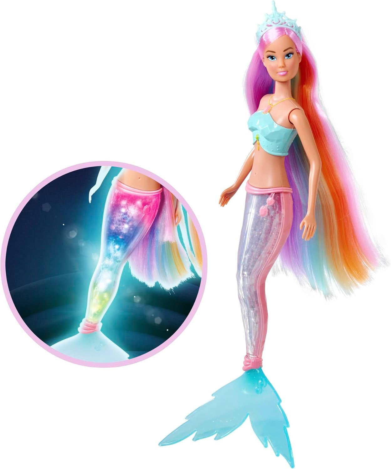 Steffi Love Magic Rainbow Sirena, Bambola Sirena con Funzione di Luce Magica Arcobaleno e Capelli Extra Lunghi, 39 cm, dai 3 Anni in su