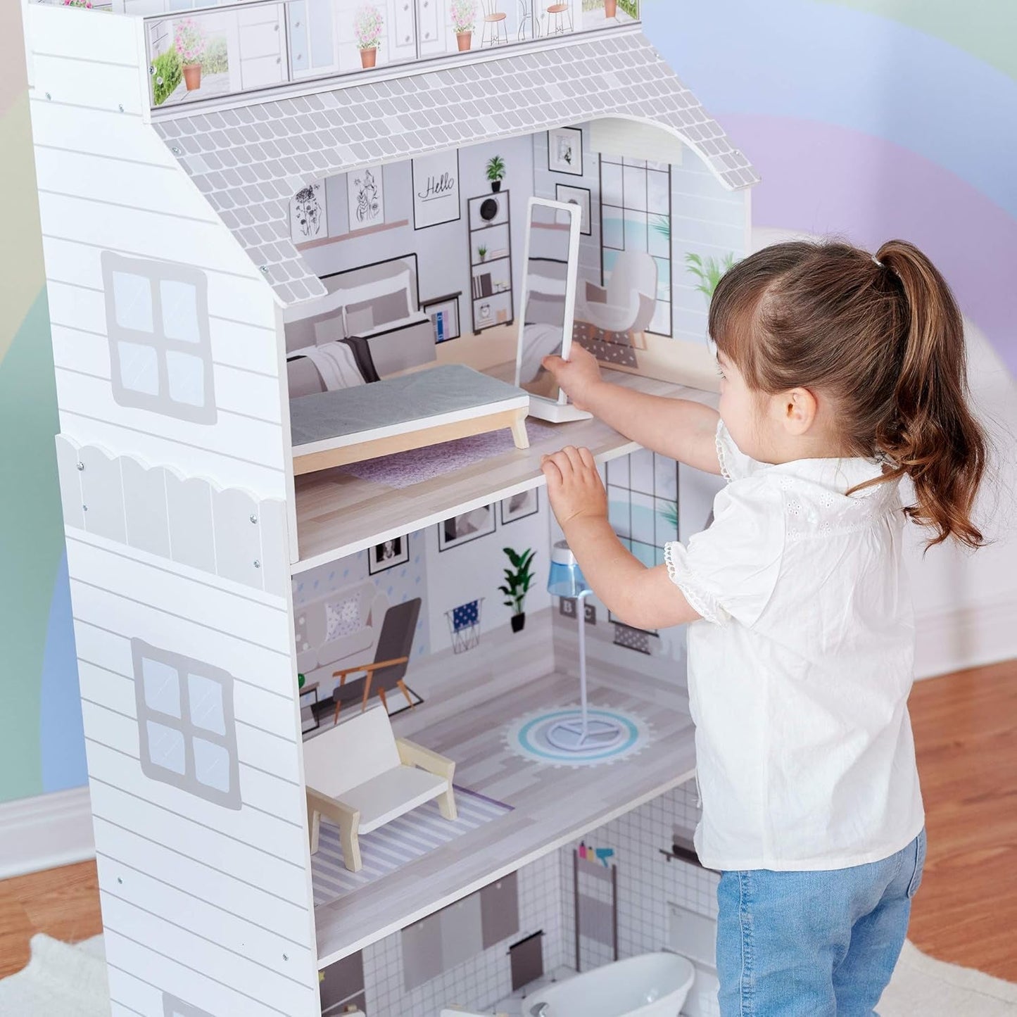 Teamson Kids Casa delle bambole gigante Olivia's Little World con mobili e accessori, casa delle bambole in legno, set da gioco a 3 livelli per bambole da 30 cm, dai 3 anni in su