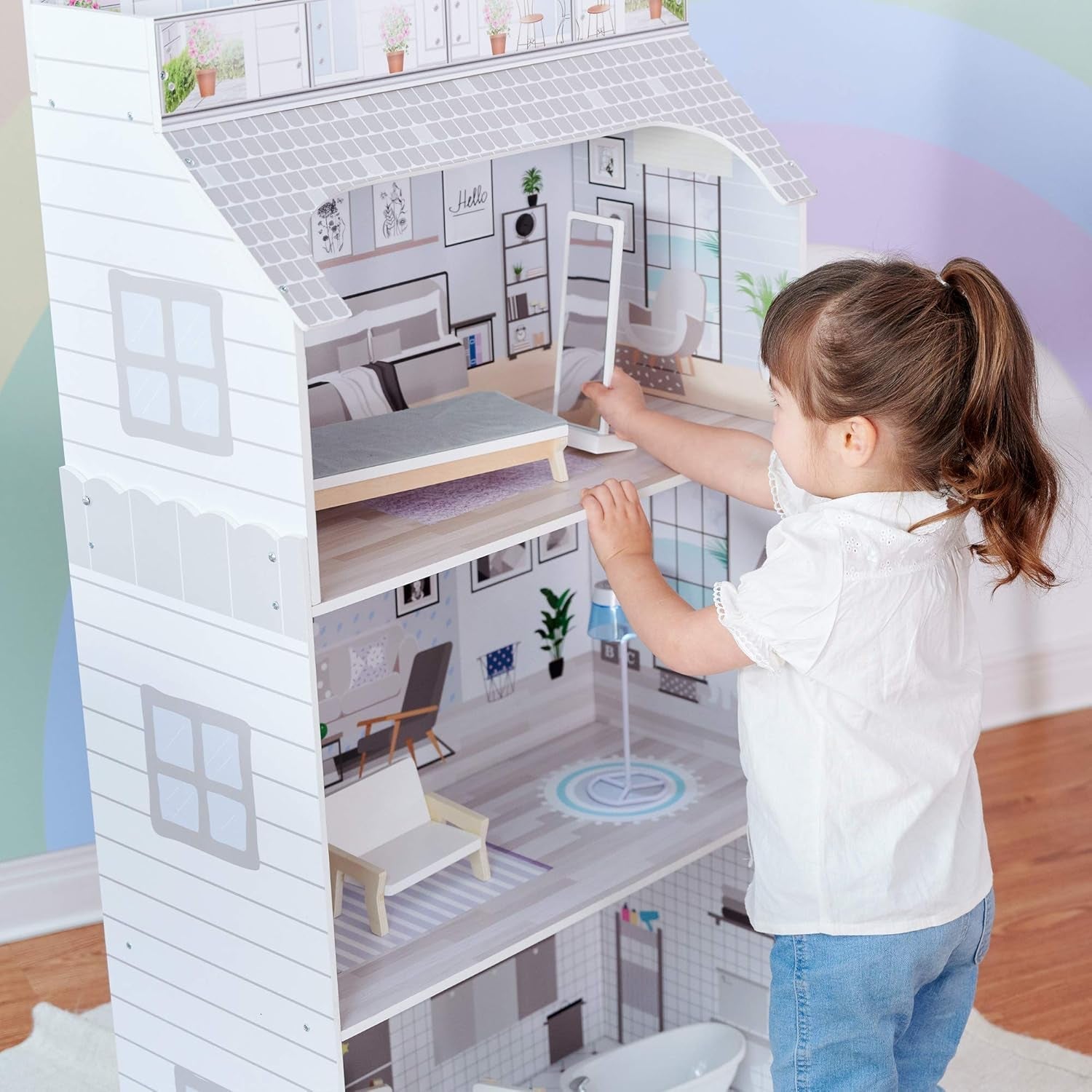 Teamson Kids Casa delle bambole gigante Olivia's Little World con mobili e accessori, casa delle bambole in legno, set da gioco a 3 livelli per bambole da 30 cm, dai 3 anni in su