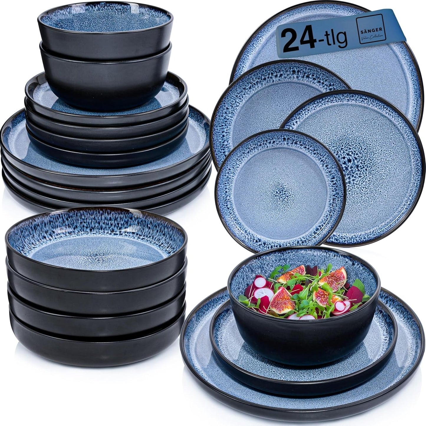 SÄNGER Aruba | Servizio Piatti in Gres per 6, 6 Piatti Piani, 6 Piatti Colazione, 6 Piatti Piani, 6 Ciotole Pasta, Blu con Bordo Nero | LA COLLEZIONE DI VALORE