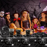 Set di posate di carta Halloween Spider da 49 pezzi, comprensivo di piatti, tovaglioli, bicchieri e tovaglia. Set stoviglie nero con piatti dessert, tovaglioli e bicchieri.