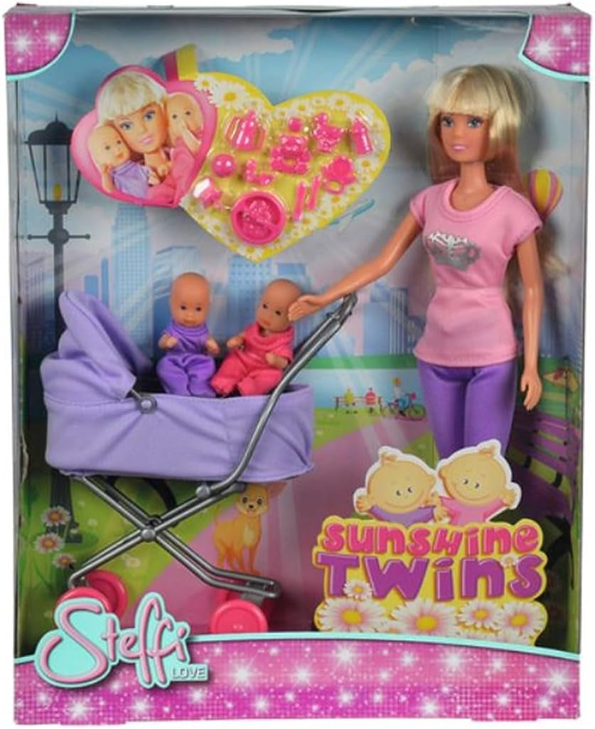 Simba Steffi Love Sunshine Twins - Bambola con gemelli e passeggino, inclusi accessori come bottiglie e giocattoli, variante abbinata a 2 bambole, set di bambole per bambini dai 3 anni in su