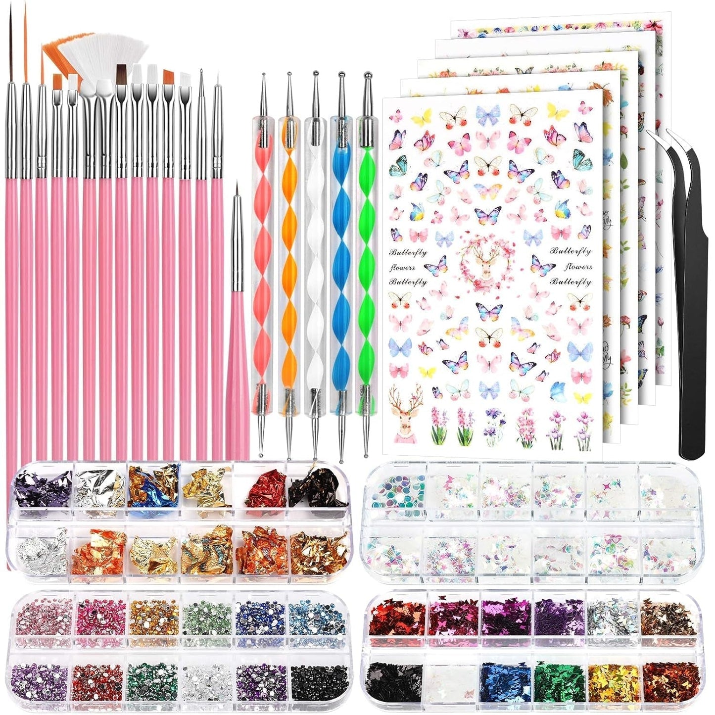 FANDAMEI Pinsel Für Gelnägel, 15 pz Nagel Pinsel, 5 Blätter Nagelsticker, Strasssteine ​​​​Nägel, Nageldesign Set, Nageldesign Zubehör, Nail Art Pinsel Set, Nailart Pinsel und Dekorationen Set