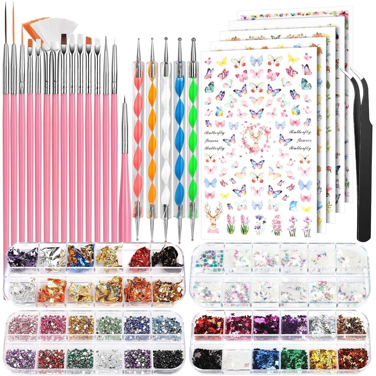 FANDAMEI Pinsel Für Gelnägel, 15 pz Nagel Pinsel, 5 Blätter Nagelsticker, Strasssteine ​​​​Nägel, Nageldesign Set, Nageldesign Zubehör, Nail Art Pinsel Set, Nailart Pinsel und Dekorationen Set