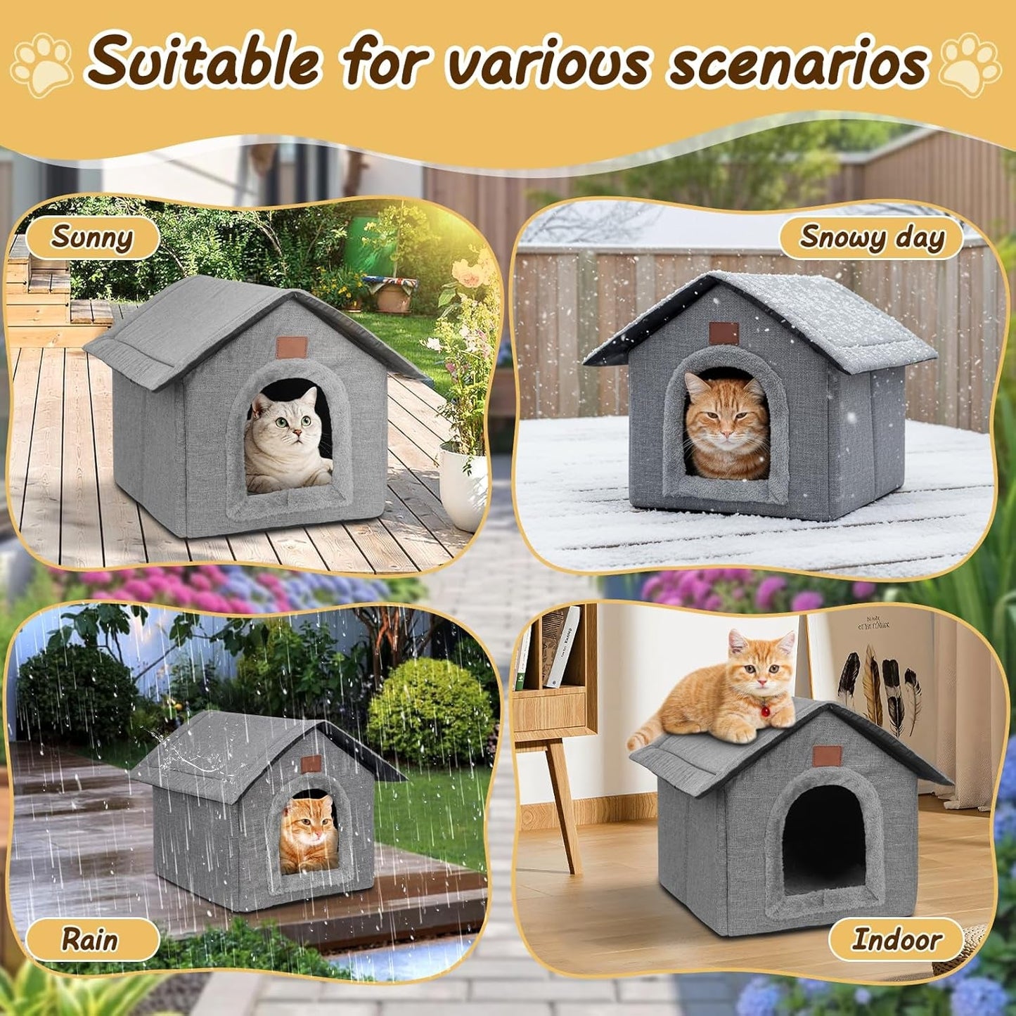 Katzenhaus Outdoor Winterfest, Katzenhöhle, Hundehöhle mit Abnehmbarem Plüschkissen, Wasserdicht Wetterfester, Hundehütte Indoor, Hundehaus für Drinnen/Indoor 35x30x35cm (Grigio, S)
