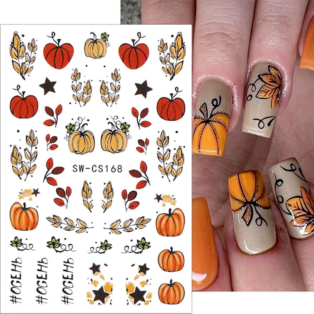 Adesivi per unghie autunnali 3D Adesivi per unghie foglie di zucca Linea geometrica Fiori Adesivi per unghie Design del Giorno del Ringraziamento Adesivi per unghie Autunno Zucca per unghie Accessori per unghie Nail Art