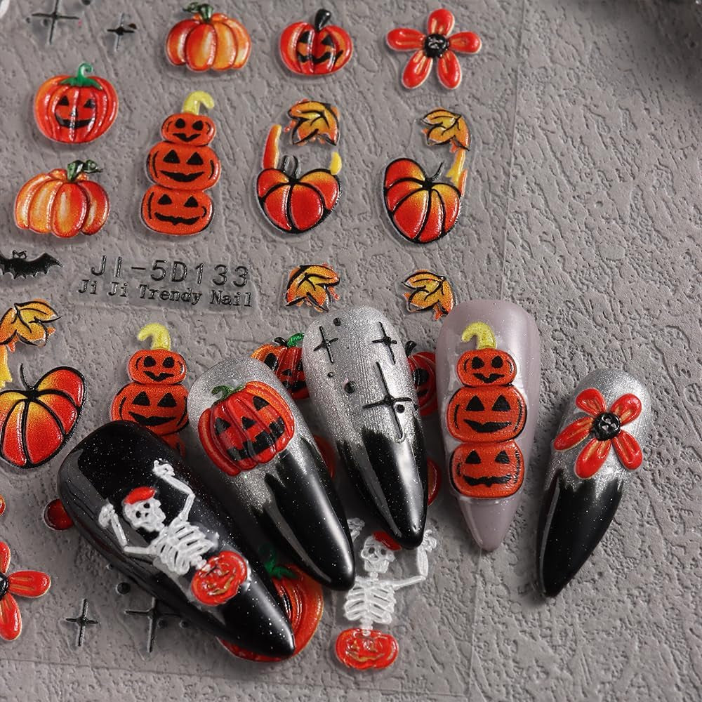 JMEOWIO 3D Nagelsticker Halloween Nail Art Sticker Self-klebend Nagelaufkleber 5D Stereoscopico Süßer Geisterkürbis Dekoration Nageldesign Zubehör 4 Blatt