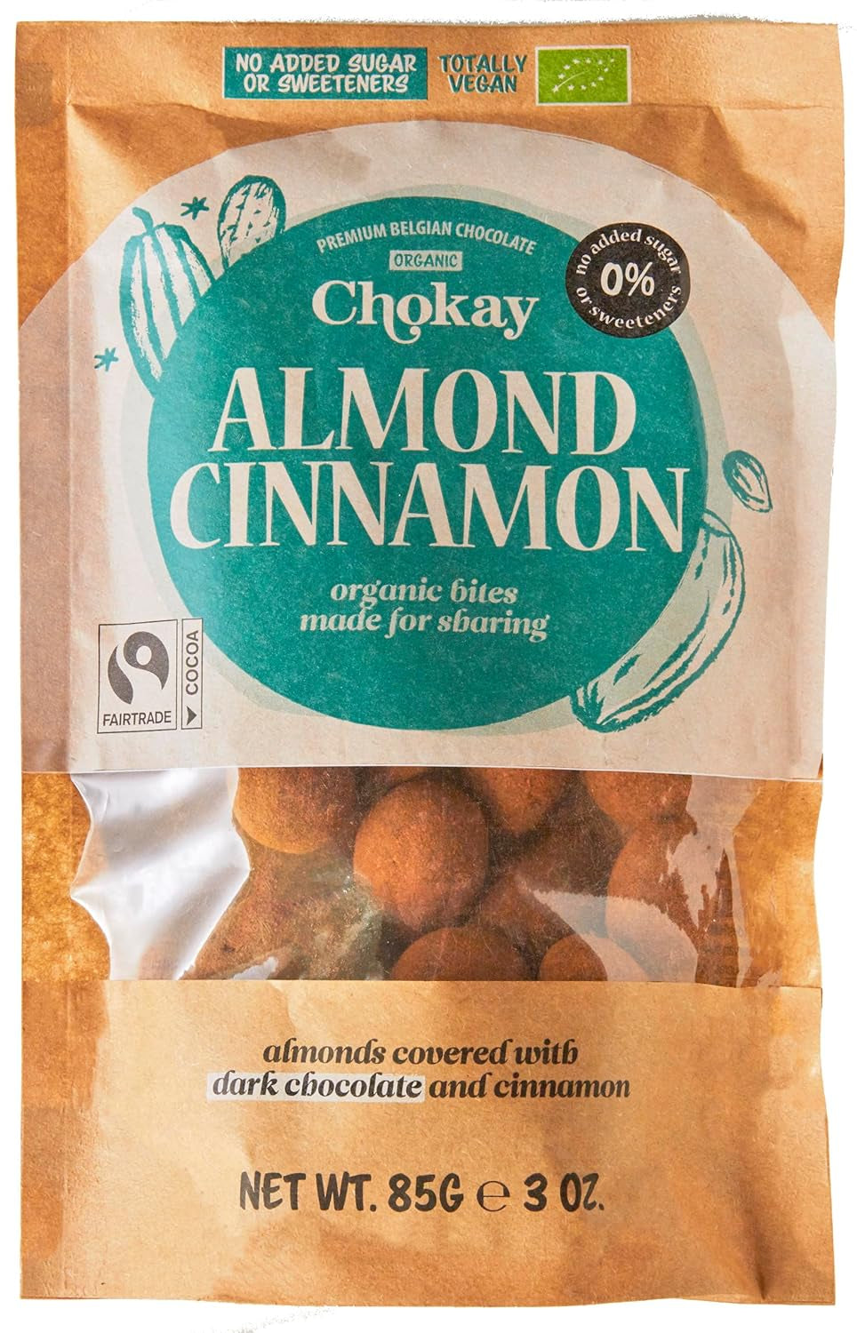 Bocconcini Biologici - Mandorle Alla Cannella e Mandorle Al Cioccolato Fondente Belga / Senza Zuccheri Aggiunti, Senza Dolcificanti / Vegano e Commercio Equo e Solidale / 1 x 85g