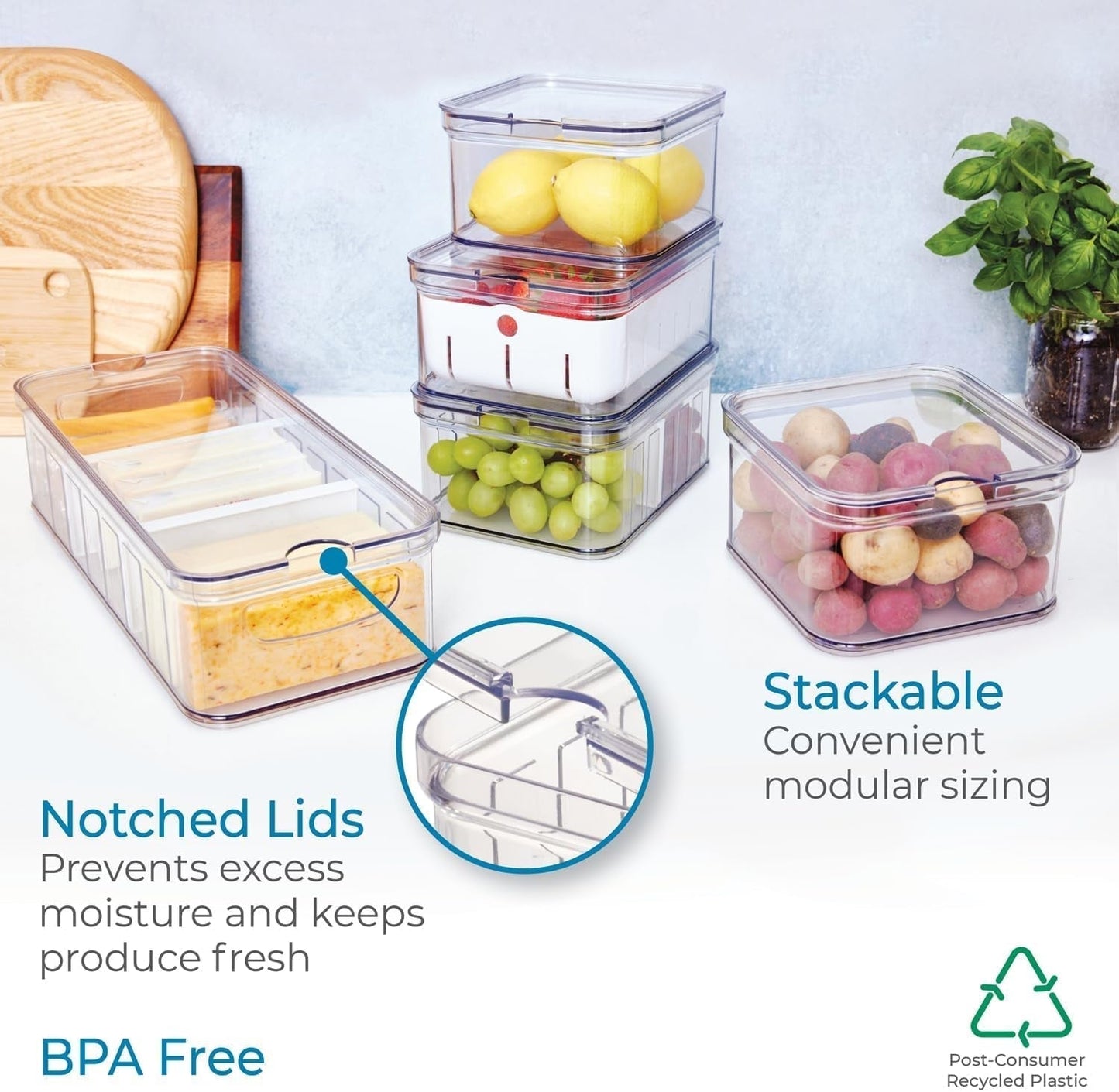 iDesign Scatole portaoggetti, Organizer per frigorifero con coperchio in set da 5, Scatole portaoggetti in plastica riciclata per organizzare i materiali di consumo, Scatole portaoggetti Naty Shop trasparenti e bianche