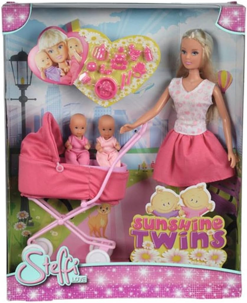 Simba Steffi Love Sunshine Twins - Bambola con gemelli e passeggino, inclusi accessori come bottiglie e giocattoli, variante abbinata a 2 bambole, set di bambole per bambini dai 3 anni in su