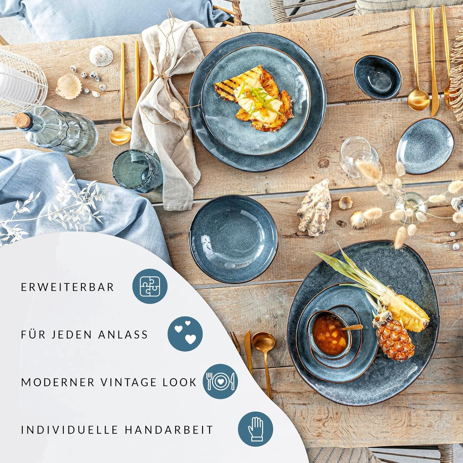 SANGER | Set di stoviglie Darwin da 12 pezzi, set di stoviglie in gres per 4 persone, set di stoviglie blu comprensivo di piatti piani, piatti da dessert e piatti fondi, set di stoviglie fatto a mano | LA COLLEZIONE PREMIUM