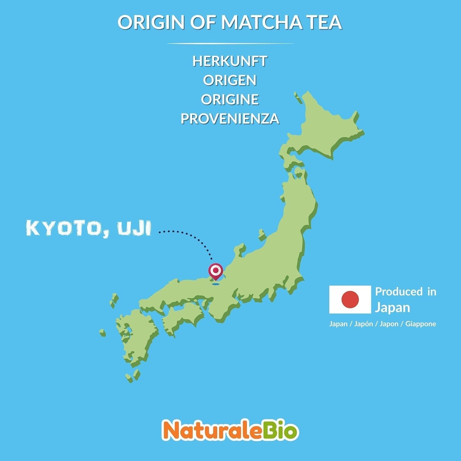 Polvere di Tè Matcha Grado Cerimoniale Naturalebio Tè verde originale dal Giappone. Polvere di tè verde matcha di grado cerimoniale prodotta a Uji, Kyoto. Ideale per bere, cucinare e bere latte. Scatola da 30 gr.