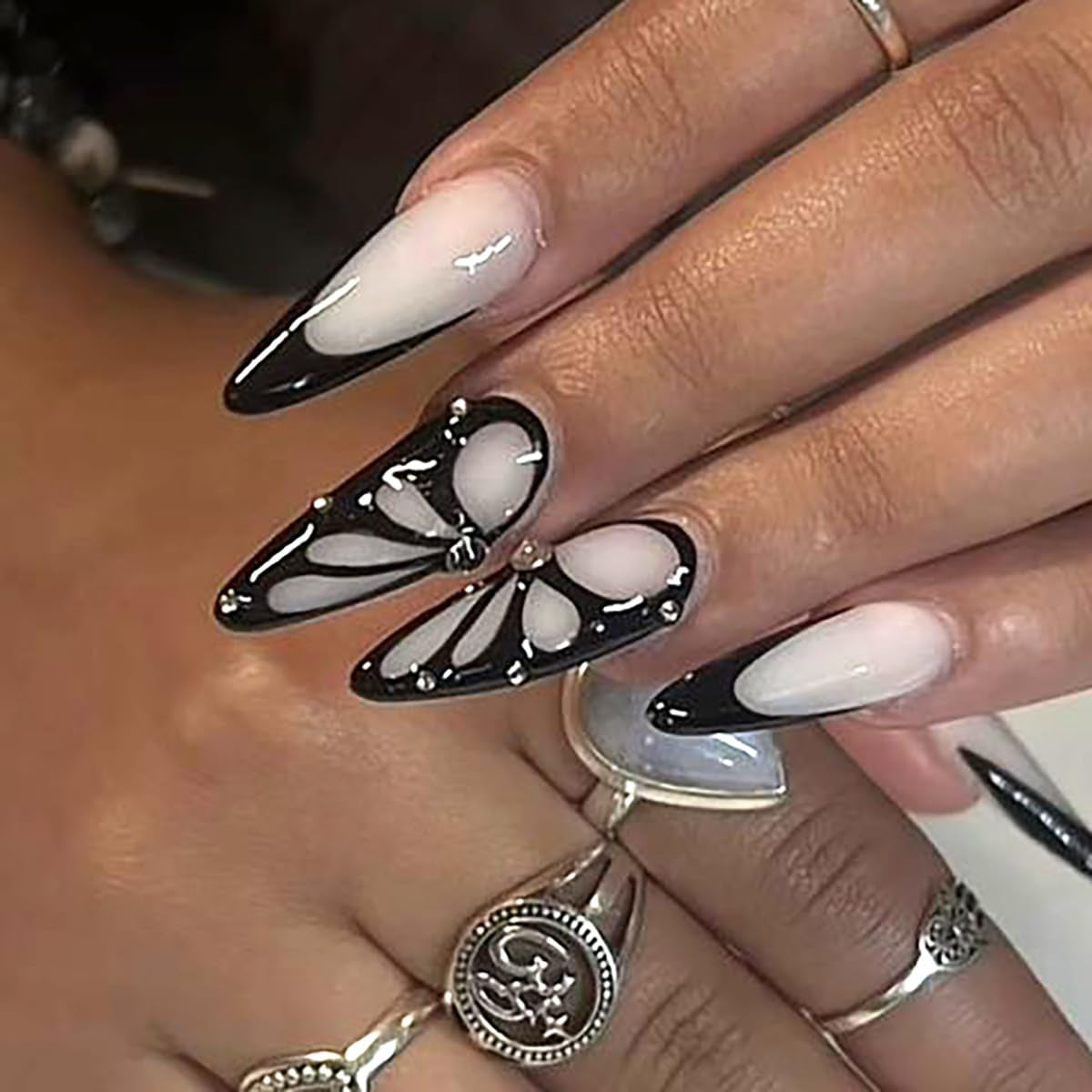 Moonglow Unghie Lunghe Stiletto Bianco Latte Rosa Sfumato Glitter Unghie Finte Fresche Con Colla Unghie Artificiali Glitter Rosa Ombre