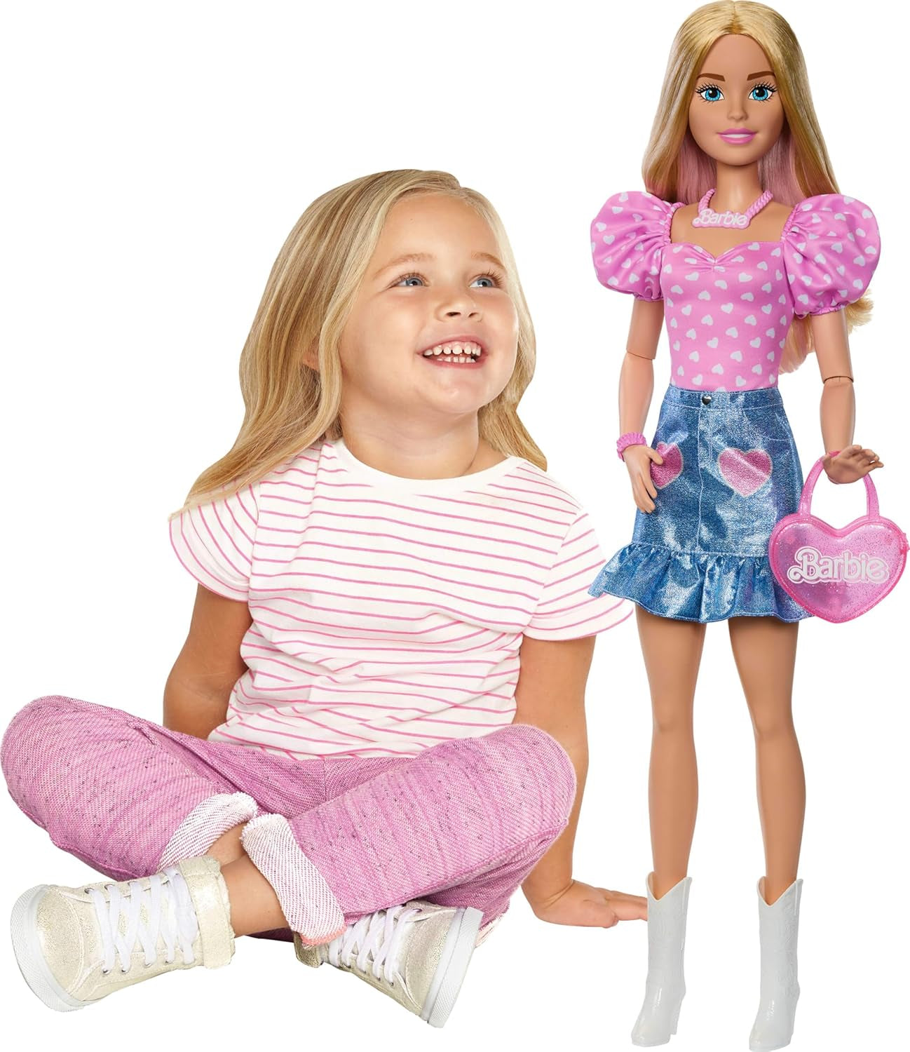 Bambola Barbie alla moda da 71 cm bionda con vestiti staccabili top rosa gonna di jeans stivali da cowboy collana e borsa HYT84