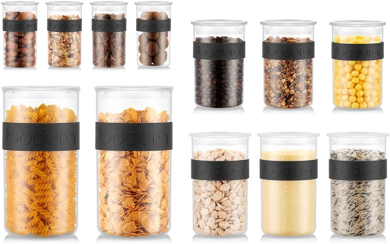 Barattoli per conservazione BODUM PRESSO, plastica, neri, 4 x 0,25 l, 3 x 0,6 l, 3 x 1 l, 2 x 2 l Scatole per conservazione alimenti Naty Shop Neri 4 x 0,25 l, 3 x 0,6 l, 3 x 1,0 l, 2 x 2,0 l