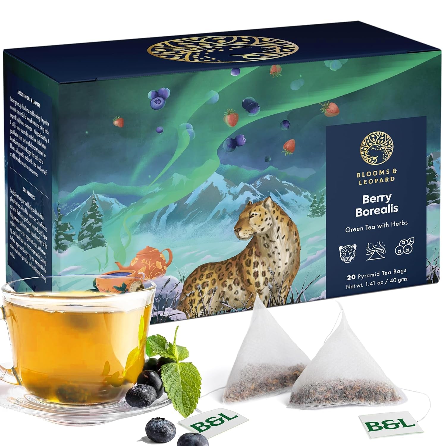 Blooms & Leopard Bustine di tè verde premium - Miscela di bacche boreali con ibisco, mirtillo, fragola e menta verde - 20 bustine di tè piramidali per tè caldo o freddo