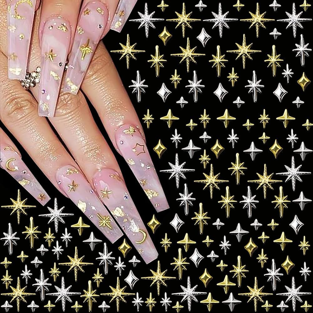 120 pezzi Ciondoli per unghie Stella Oro-Argento Stella Y2K Chiodi Ciondoli per stella in metallo Dimensioni miste Viti per unghie Design per unghie stella Nail art Ciondoli a stella 3D Decorazione per unghie Ciondoli per unghie Accessori per unghie