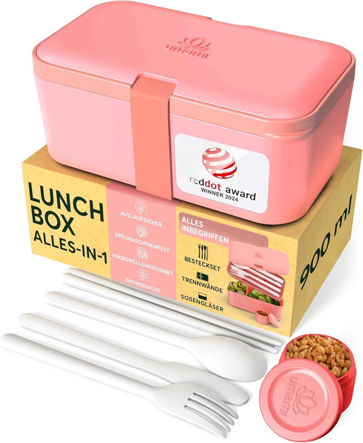 Portapranzo Umami per Adulti, Bento Box impilabile con 4 posate e scomparti, Portapranzo per adulti, Contenitore per insalata da asporto, Portapranzo da picnic/ufficio, Grigio antracite, 1500ml Naty Shop Scatole per alimenti Rosa corallo - 900 ml M - 900/1000 ml