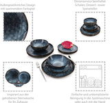 SANGER | Tokyo Set di stoviglie Set di stoviglie in gres da 12 pezzi per 4 persone, inclusi piatti piani, piatti da dessert e ciotole, blu scuro con accenti neri | LA COLLEZIONE PREMIUM