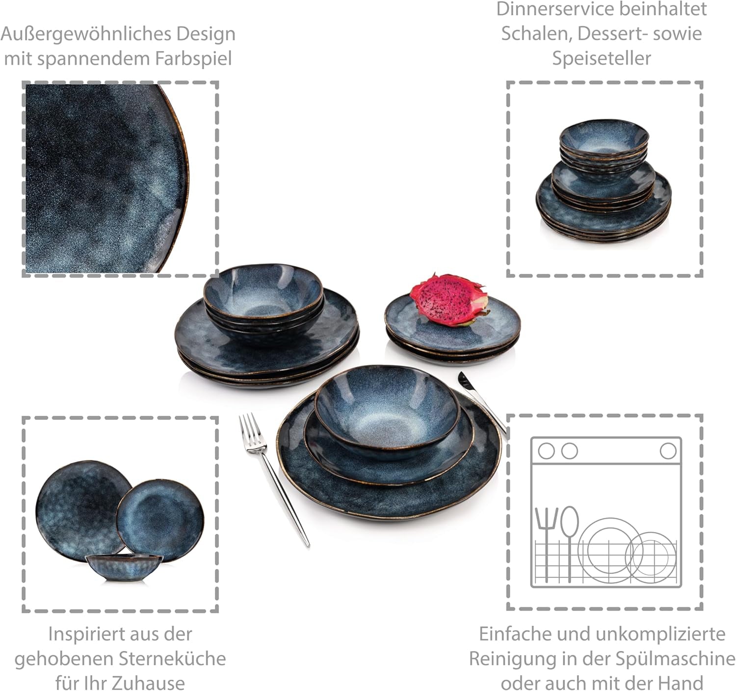 SANGER | Tokyo Set di stoviglie Set di stoviglie in gres da 12 pezzi per 4 persone, inclusi piatti piani, piatti da dessert e ciotole, blu scuro con accenti neri | LA COLLEZIONE PREMIUM