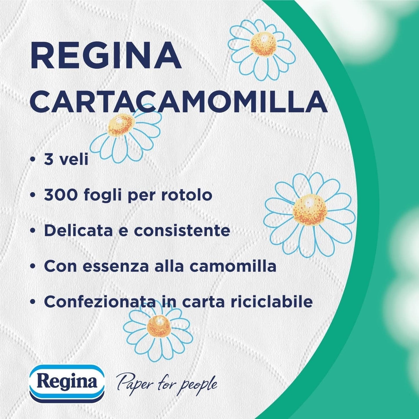 Regina Cartacamomilla - Carta Igienica 8 Rotoli, 300 Soffici Fogli, 3 Veli, Morbida e Resistente, Confezione in Carta Riciclabile