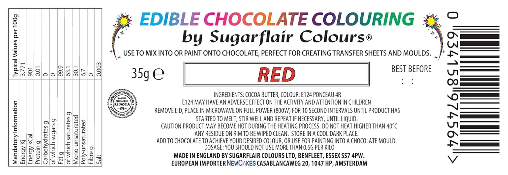 Colorante alimentare Sugarflair Chocolate Colorante alimentare per cioccolato rosso - Burro di cacao biologico colorato, colorante per cioccolato per colorare il cioccolato, praline - 35g