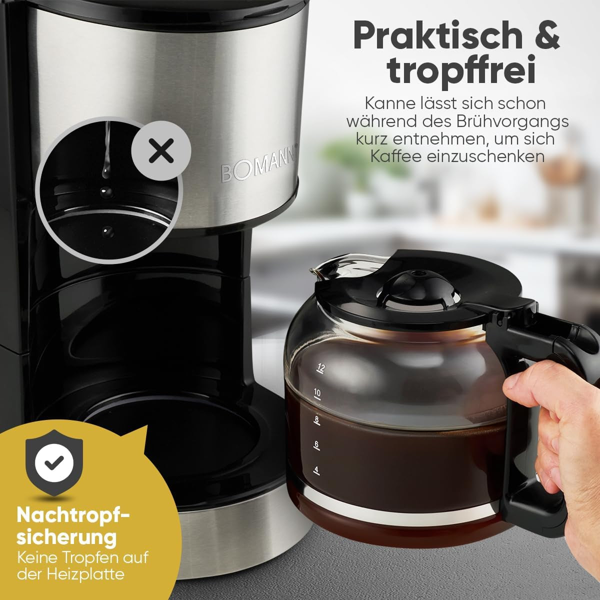 Macchina per caffè espresso con filtro Bomann® | per 12-14 tazze | Macchina per caffè espresso con filtro | Cassa in acciaio inossidabile | Antigoccia | Espresso | Macchina per caffè espresso con filtro | 800 W | KA 6071 CB