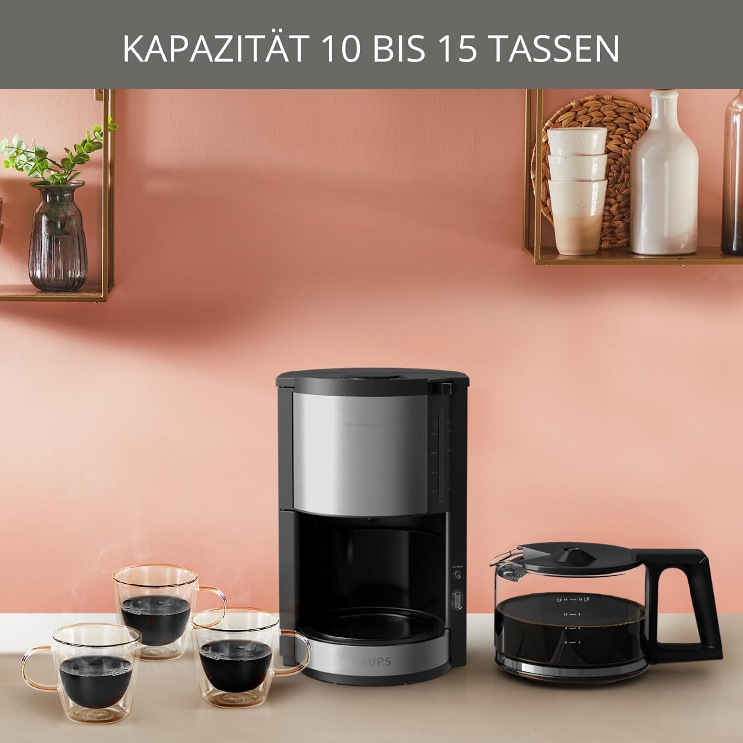 Macchina per caffè espresso Krups KM3210 Pro Aroma Plus, 10 tazze, 1,25 L, Mantieni caldo per 30 minuti, Finestra livello acqua visibile, Sistema antigoccia, Nero con applicazioni in acciaio inossidabile