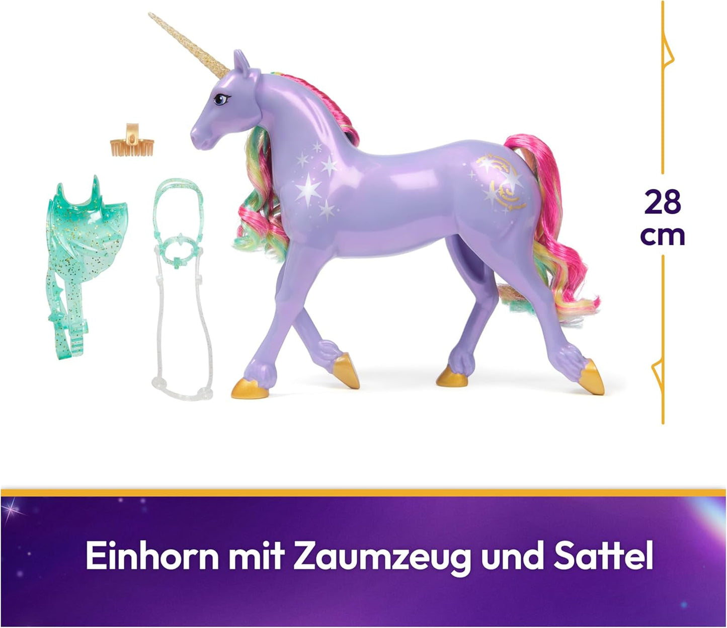 Wildstar Unicorn di Unicorn Academy - Unicorno originale Sophia alto 28 cm della serie Netflix con vera criniera e coda, briglie, sella e spazzola rimovibili, dai 4 anni in su