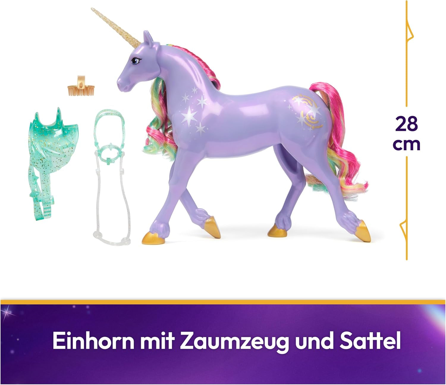 Wildstar Unicorn di Unicorn Academy - Unicorno originale Sophia alto 28 cm della serie Netflix con vera criniera e coda, briglie, sella e spazzola rimovibili, dai 4 anni in su