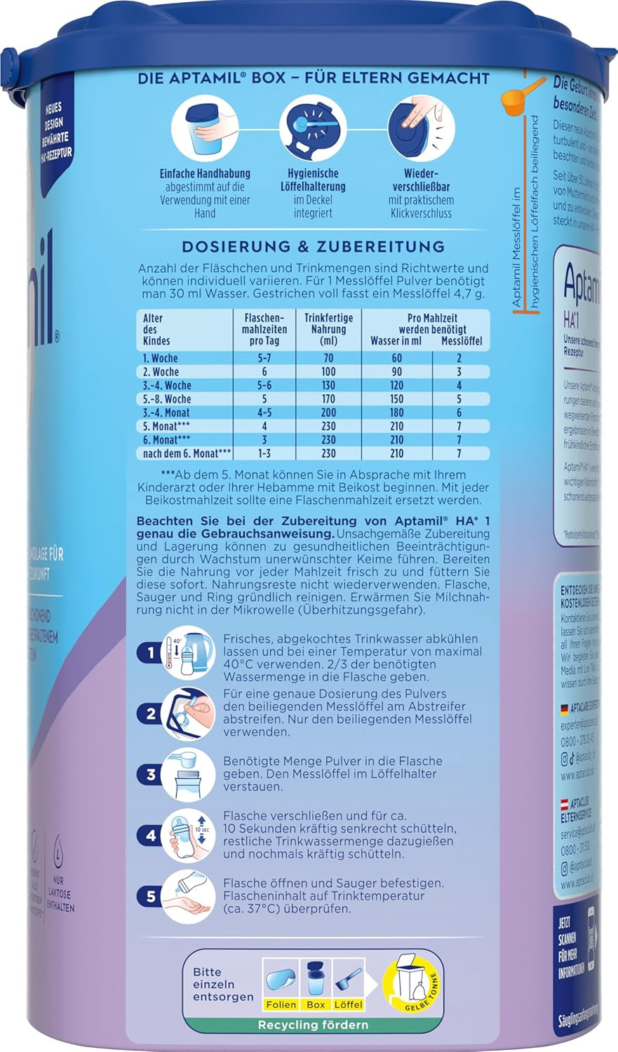Aptamil HA 1 - Formula per lattanti dalla nascita, con DHA, senza lattosio, senza olio di palma, alimenti per l'infanzia, latte in polvere, 1 x 800 g