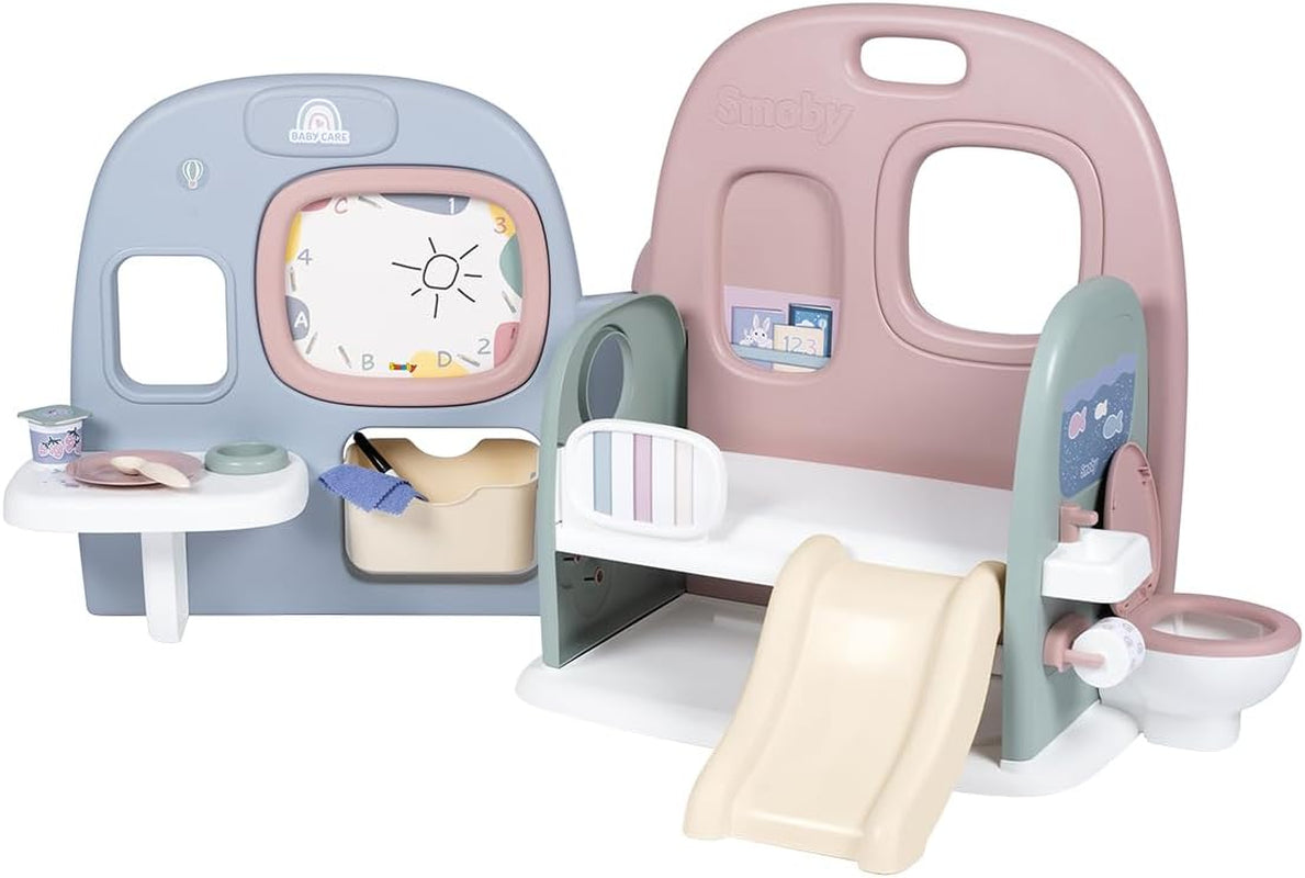 Smoby - Baby care Cameretta per bambole - Centro giochi per bambole Cameretta + Asilo Vita quotidiana - Area di gioco pieghevole con rotazione di 360° - 6 accessori - Realizzato con materiale riciclato al 90% in Francia, da 3 anni