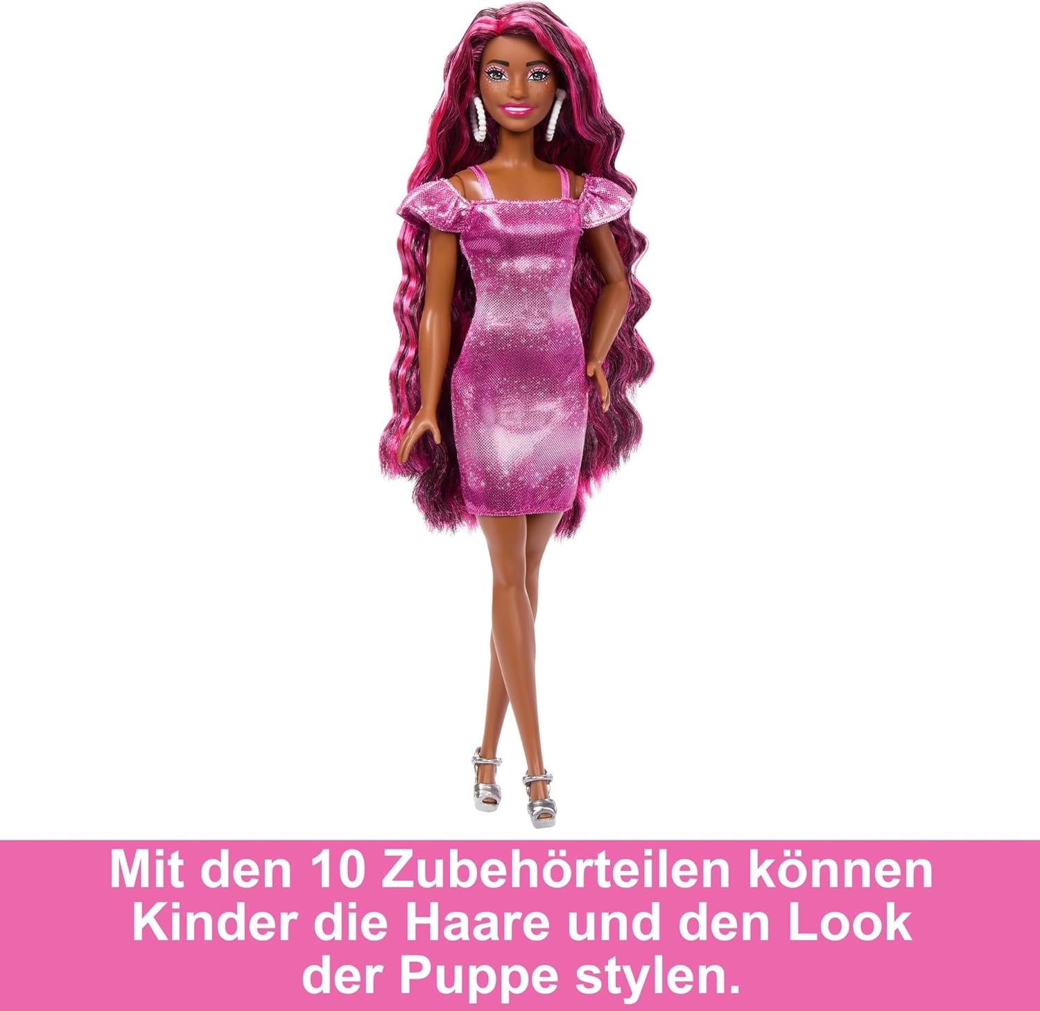 Barbie Doll Capelli divertenti ed eleganti con capelli neri colorati extra lunghi e vestito rosa scintillante 10 acconciature e accessori moda JDC86