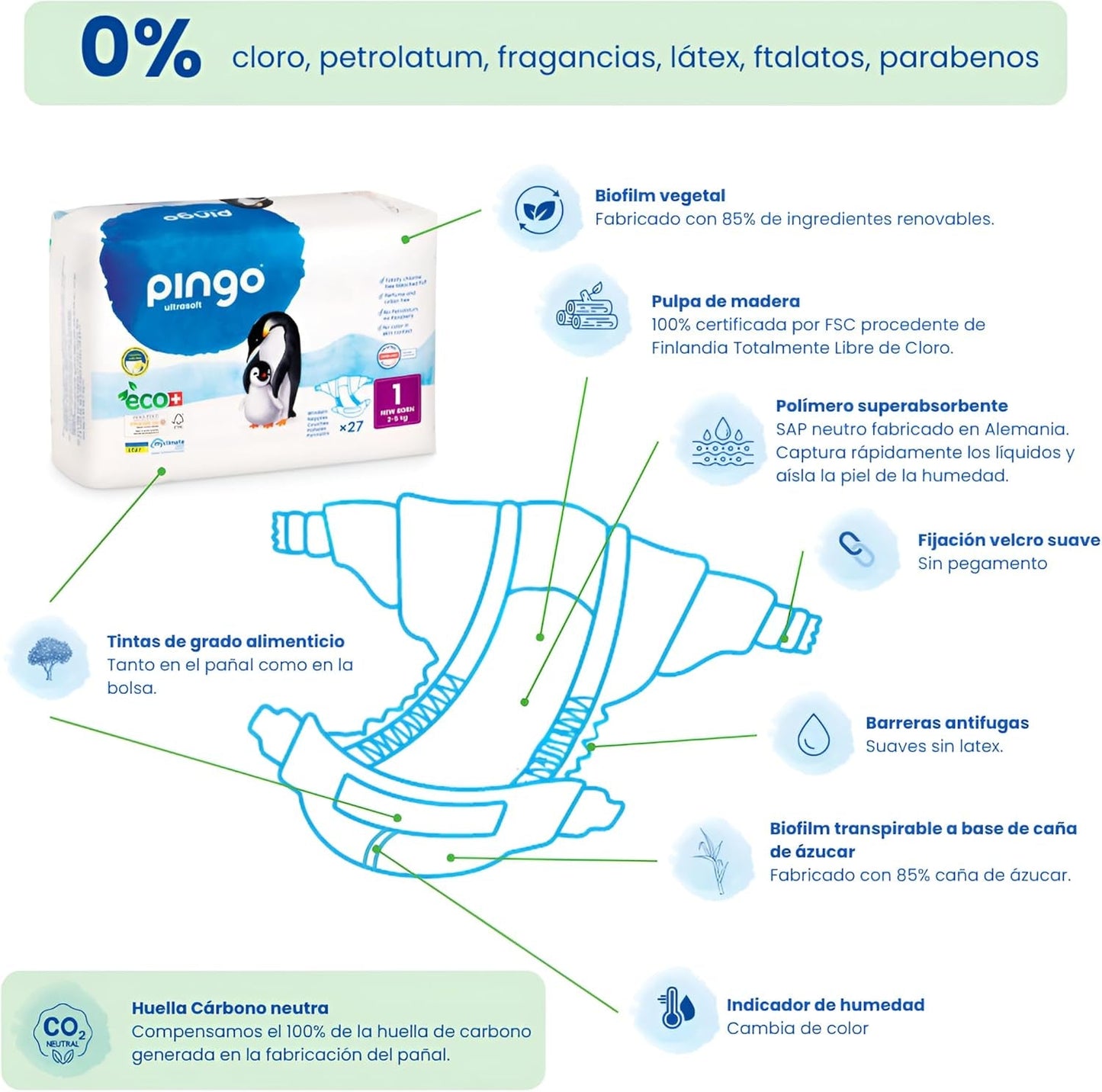 Pannolini biologici taglia 1 neonato (2-5 kg), 1 busta con 27 pannolini